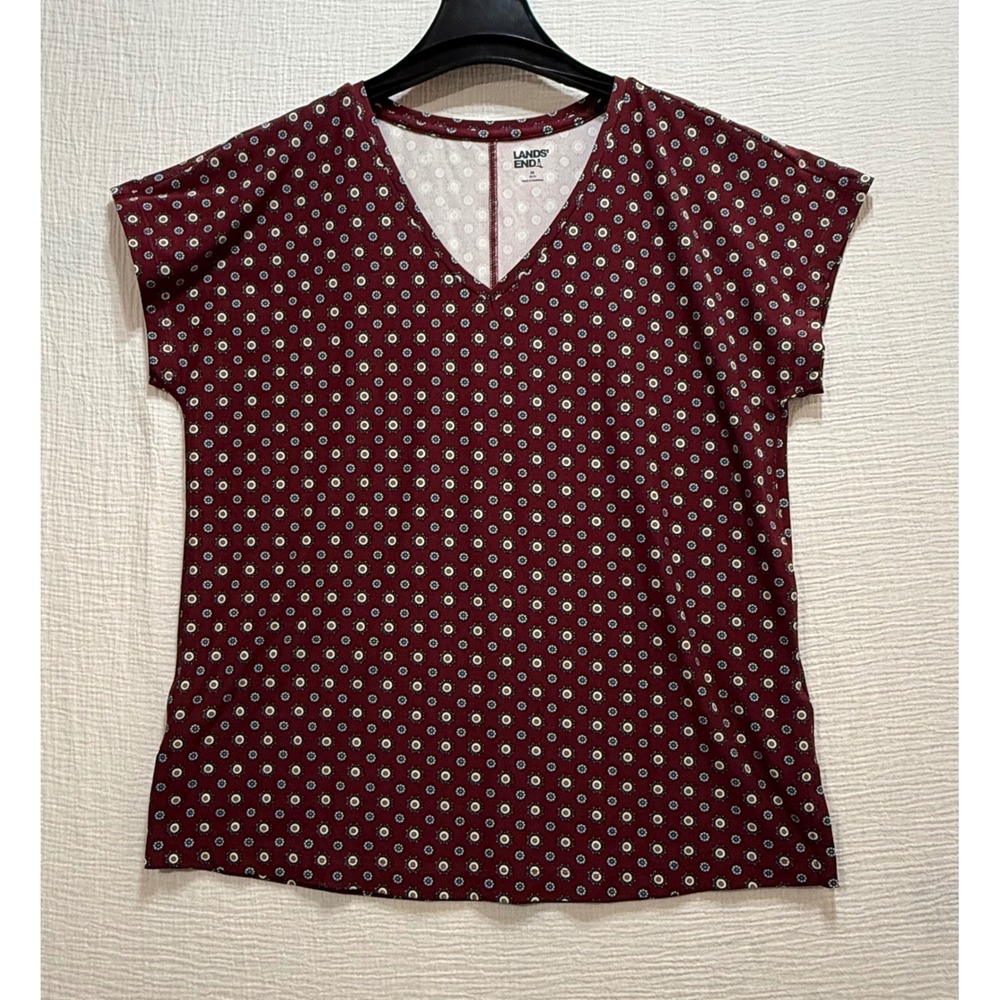 Lands'End Top Size M Women's Burgundy Geometric Print V Neck Short Sleeve Casual